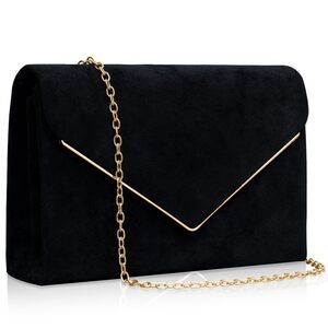 7147 Suede Clutch Purse , Elegant Black Envelope Evening Handbags & Chain